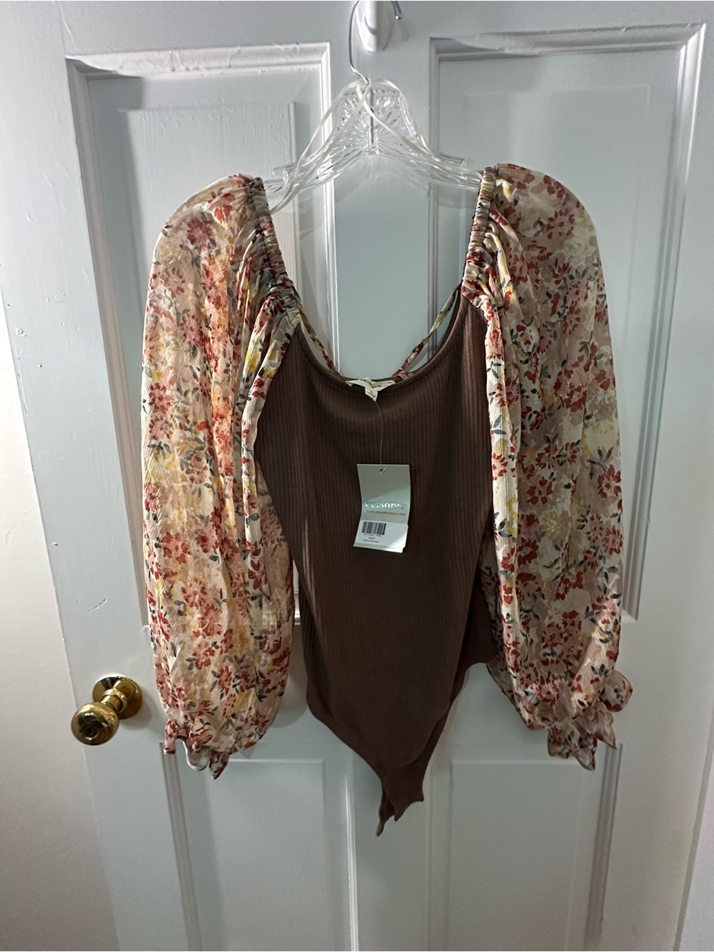 Fall Floral Puff-Sleeve Brown Bodysuit Top